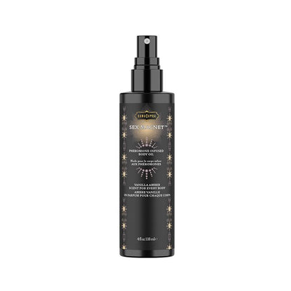 Black bottle of Vanilla Amber Sex Magnet pheromone body oil with gold text  reading "Vanilla Amber" on a white background