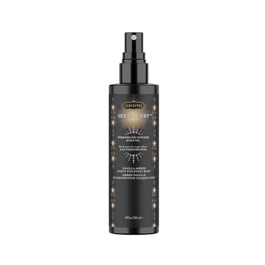 Black bottle of Vanilla Amber Sex Magnet pheromone body oil with gold text  reading "Vanilla Amber" on a white background