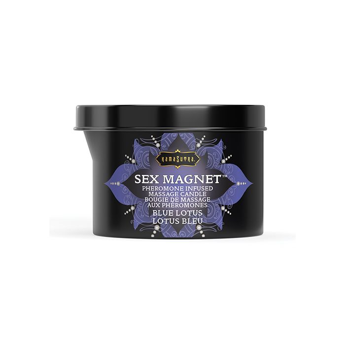 Black metal container of 'Sex Magnet' massage pheromone candle with decorative label  featuring text "Blue Lotus" on a white background