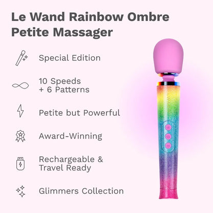 Le Wand Rainbow Ombre Petite Massager with features listed on a white background