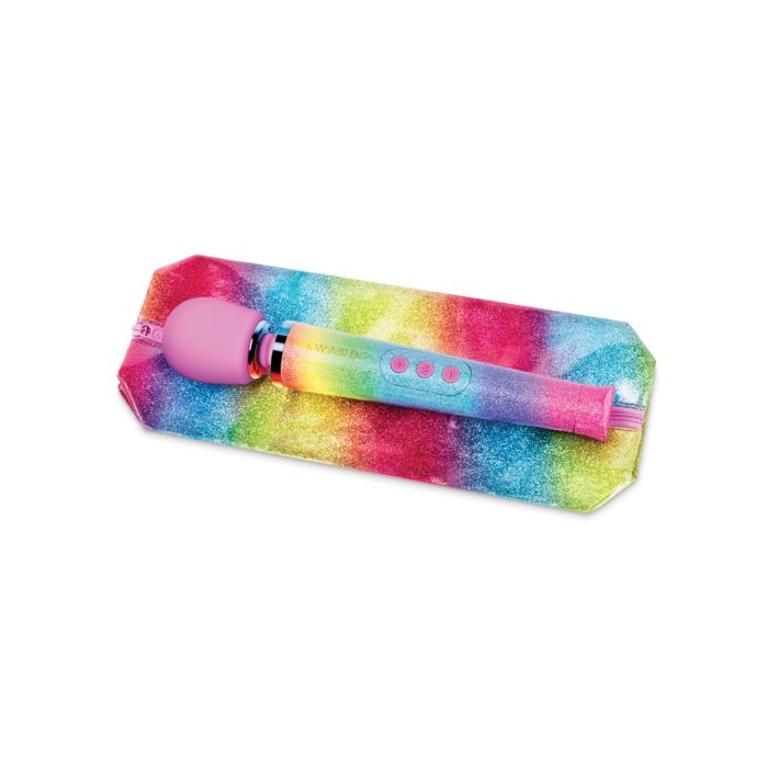 Colorful Rainbow Ombre Le Wand Petite Massager with sparkly zipper travel case on white background