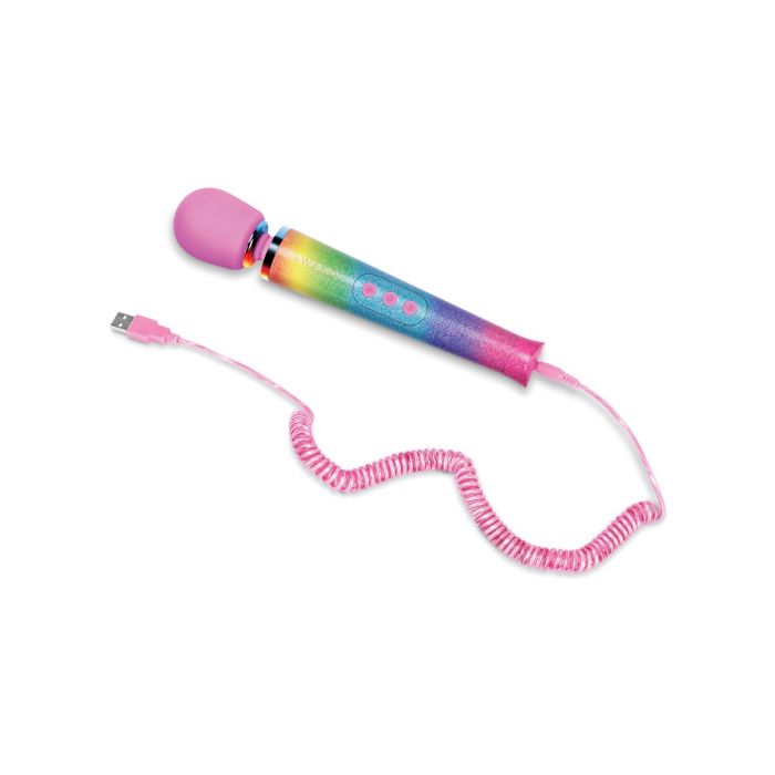Colorful Rainbow Ombre Le Wand Petite Massager toy with a pink curly charging cord on a white background