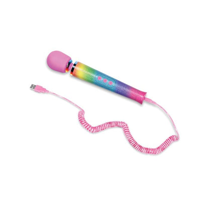 Colorful Rainbow Ombre Le Wand Petite Massager toy with a pink curly charging cord on a white background