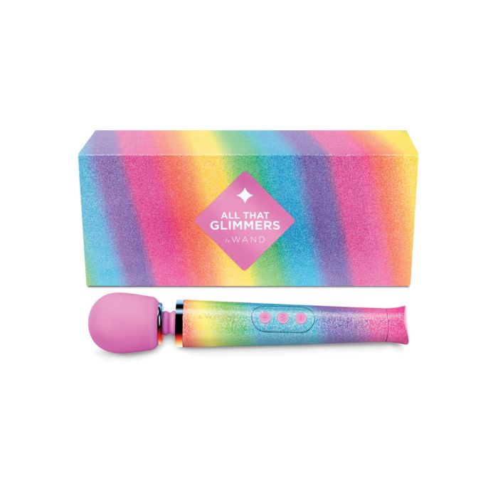 Rainbow-colored Le Wand Petite Massager with matching box on a white background