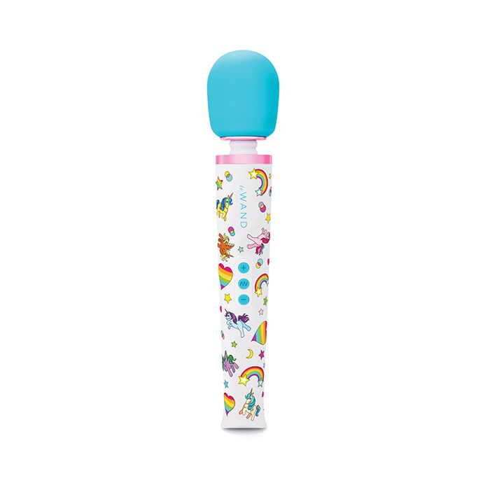 Colorful Le Wand Unicorn limited edition vibrating body massage wand toy with a blue top and white body featuring cartoon characters and patterns on a white background.