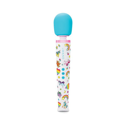 Colorful Le Wand Unicorn limited edition vibrating body massage wand toy with a blue top and white body featuring cartoon characters and patterns on a white background.