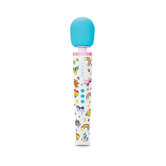 Colorful Le Wand Unicorn limited edition vibrating body massage wand toy with a blue top and white body featuring cartoon characters and patterns on a white background.