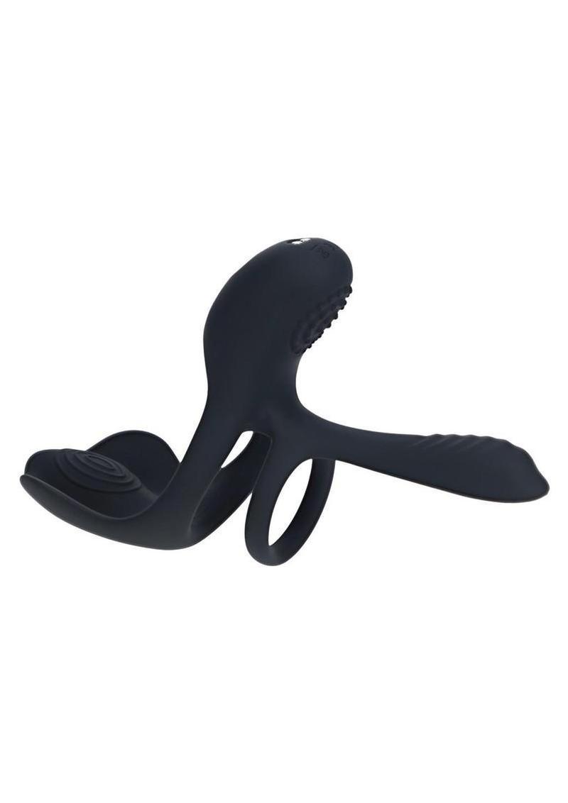 Black Levelz Triple Motor Vibrating Silicone Rechargeable Cock Ring, side view on white background