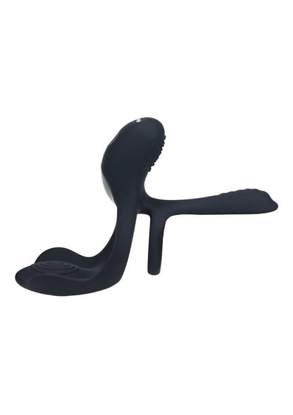 Side view of Black Levelz Triple Motor Vibrating Silicone Rechargeable Cock Ring couples toy, side view on white background
