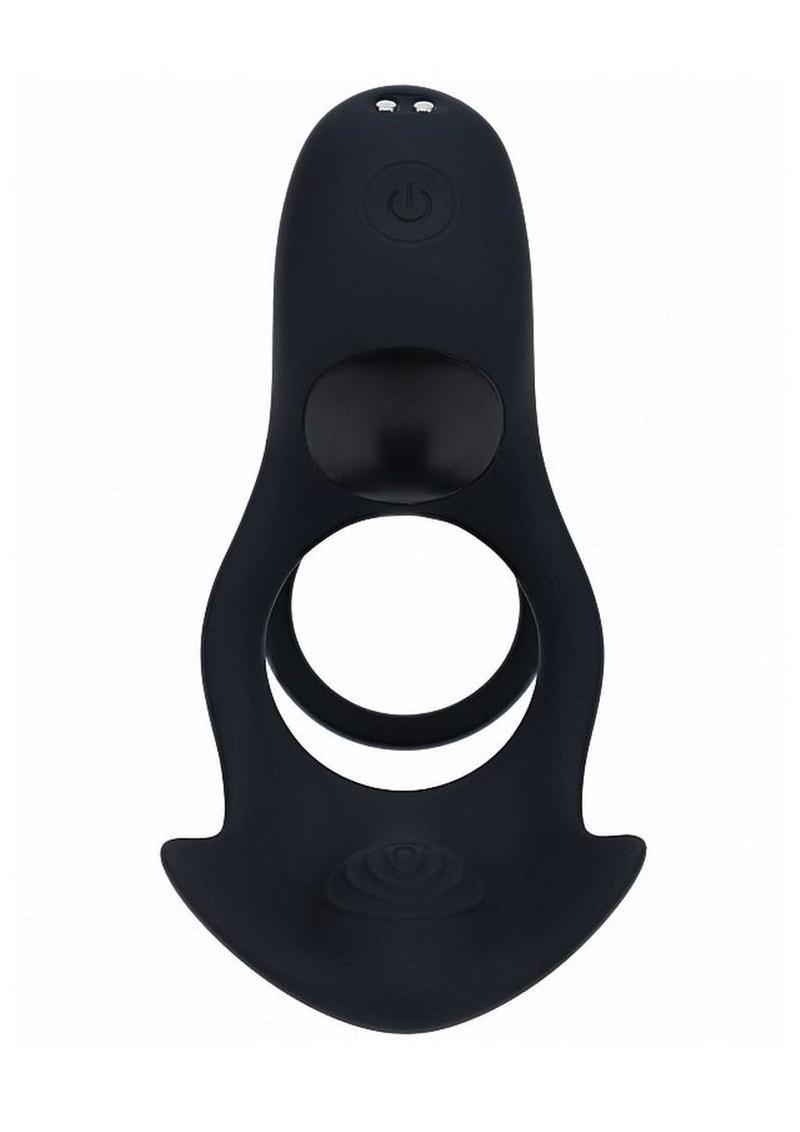 Entry View of Black Levelz Triple Motor Vibrating Silicone Rechargeable Cock Ring, side view on white background