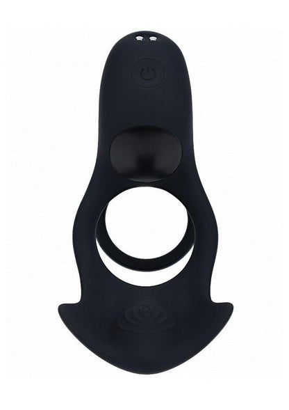 Entry View of Black Levelz Triple Motor Vibrating Silicone Rechargeable Cock Ring, side view on white background