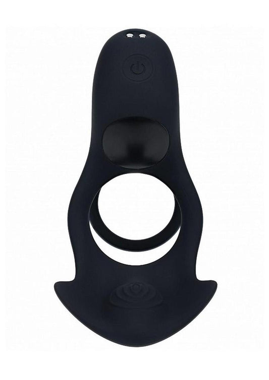 Entry View of Black Levelz Triple Motor Vibrating Silicone Rechargeable Cock Ring, side view on white background