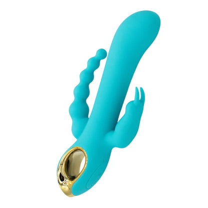 Turquoise silicone 3-in-1 Vibrator with gold accents on loop handle by Like a Kitten. Mighty Magic featured on end on a white background