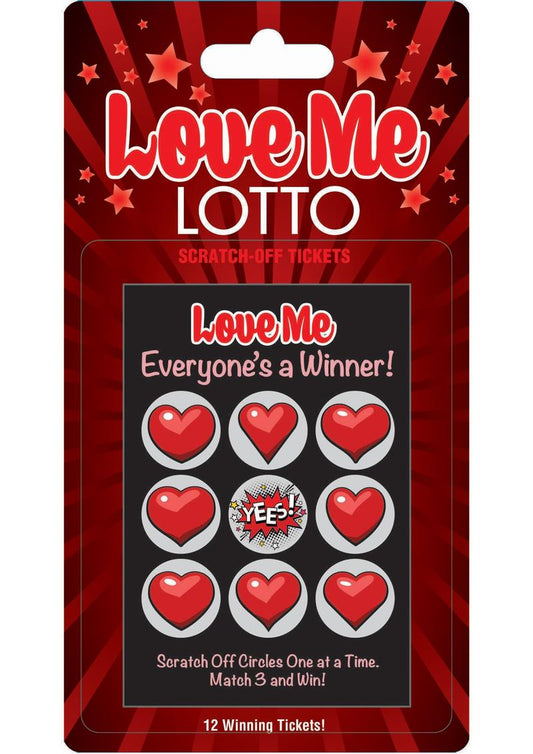 Love Me Lotto scratch-off tickets packaging with red hearts and text on a white background.