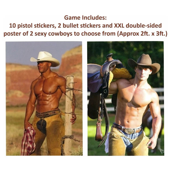 Two images of shirtless men in cowboy outfits with text about the Little Genie Pin the Pistol on the Cowboy party game including pistol stickers, bullet stickers, and a poster.