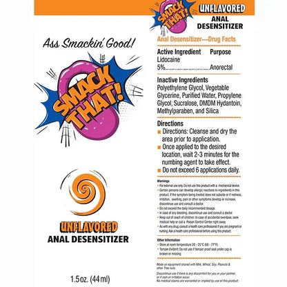 Label for 'Smack That!' unflavored anal desensitizer with product details and branding.