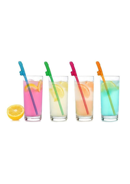 Little Genie Super Fun Penis Straws in different colored cocktail drinks to enhance color on a white background.
