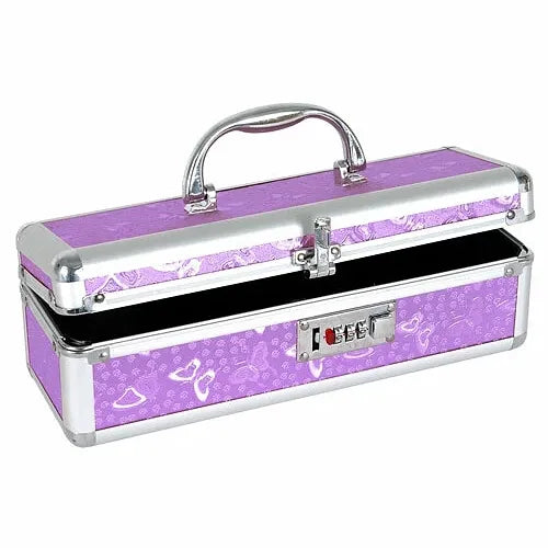 A rectangular hard-shell locking vibrator storage carrying case with a purple patterned exterior, silver metal trim, a top handle, and an open lid showing a black interior. A combination lock is visible on the front.