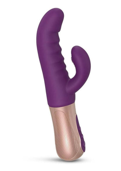 Purple and rose gold Love to Love Sassy Bunny thrusting vibrator rabbit toy on a white background
