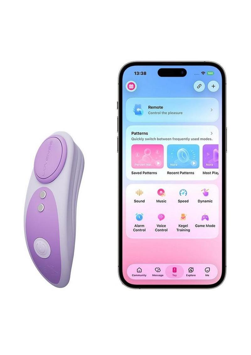 Lovense Ferri Reserve Special Edition Rechargeable Silicone App Control Panty Vibrator - Purple/White with phone showing app on screen on white background