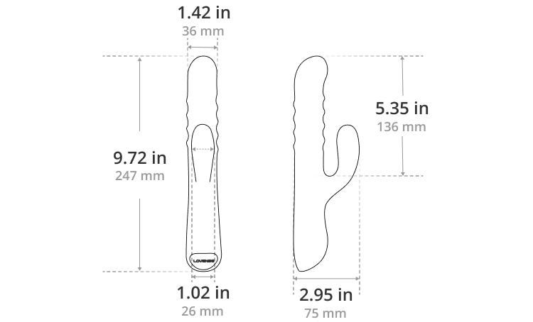 Black and white diagram of Lovense Velvo rabbit vibrator with measurements labeled on various parts.