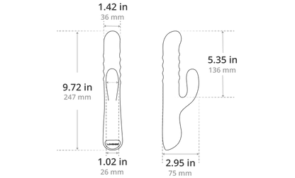 Black and white diagram of Lovense Velvo rabbit vibrator with measurements labeled on various parts.