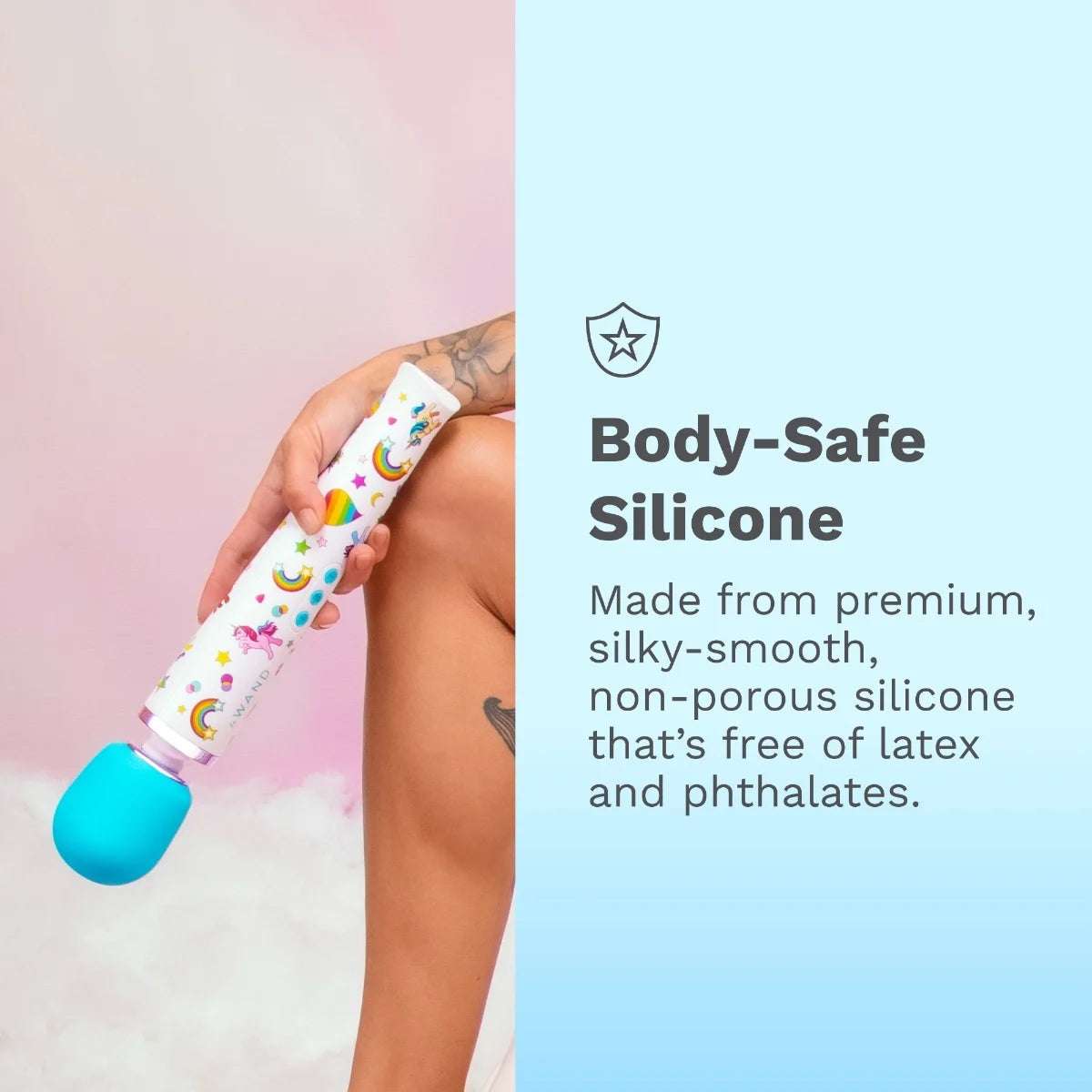 Le Wand Unicorn Wand Limited Edition Set with a hand holding it against a pink background, featuring text about body-safe silicone.