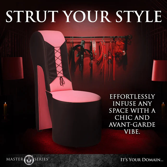 Pink high-heeled sex position chair with accessories on a dark background, featuring text about style and ambiance.