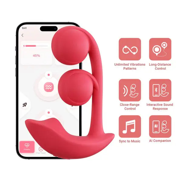 Red melody g-spot vibrator by Honey Play Box with smartphone app interface and feature icons on a white background