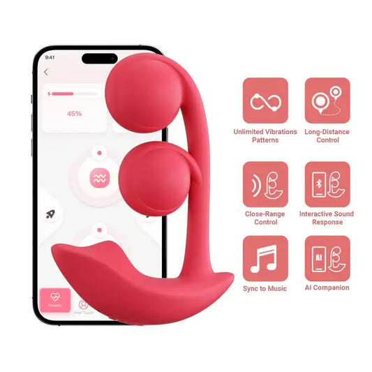 Red melody g-spot vibrator by Honey Play Box with smartphone app interface and feature icons on a white background