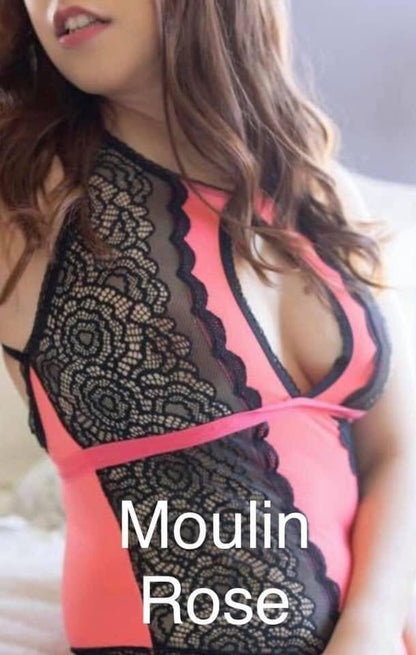 A close-up of a woman wearing a coral and black lace teddy lingerie from Texas Love Shop. The text 'Moulin Rose' is overlaid at the bottom.