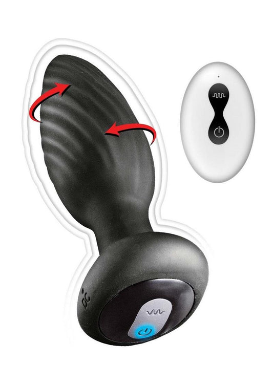 Nasstoys Ass-Sation vibrating rotating rechargeable butt plug with power button illuminated and remote featured on a white background