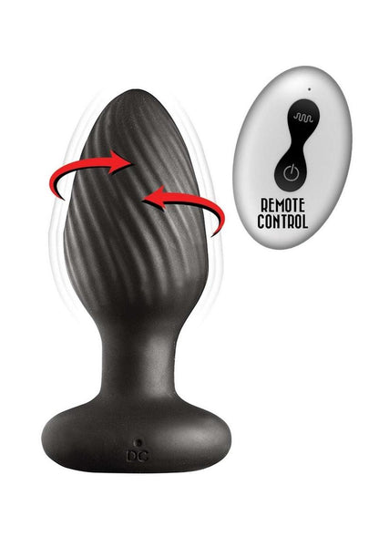 Black Nasstoys Ass-Sation  with arrows signaling rotating vibrating rechargeable silicone anal plug with remote-control on a white background