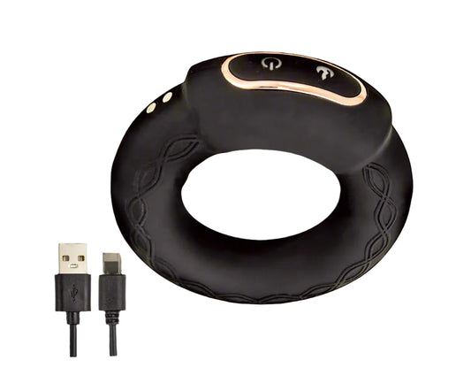 Side view of Nasstoys Cock Power Heat-Up Cock Ring connected to USB charger showing charging port