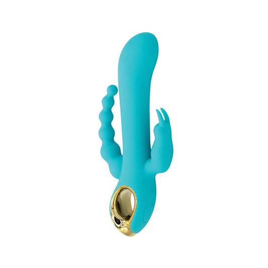 Natalies Toy Box Mighty Magic Clit, G-spot & anal vibe, turquoise and gold accents on white background