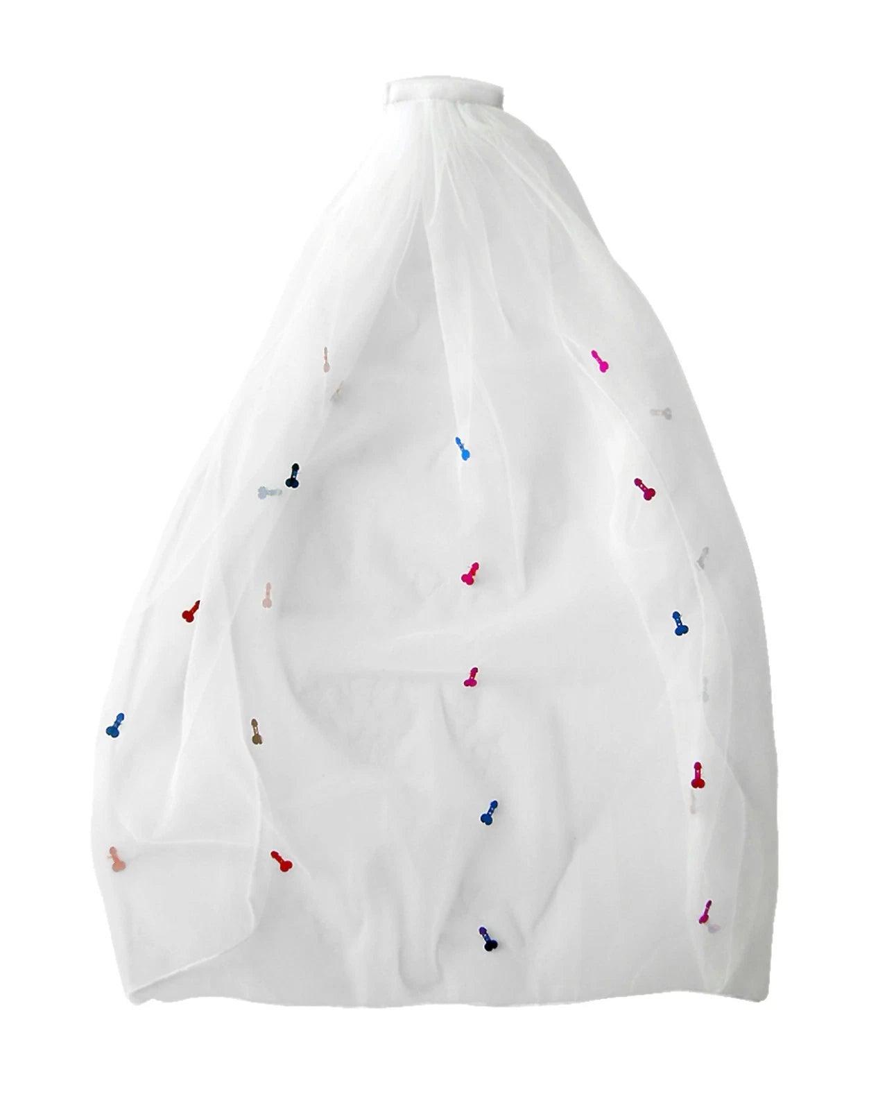 white naughty wedding veil with colorful mini peckers for bachelorettte, bridal, wedding, or novelty gift.