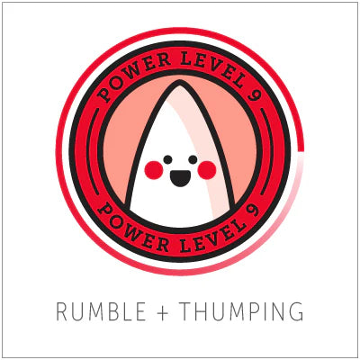 Nu Sensuelle Power level 9 logo with a smiling triangle character on a white background featuring "rumble + Thumping" text for Bella Velvet Touch Vibe