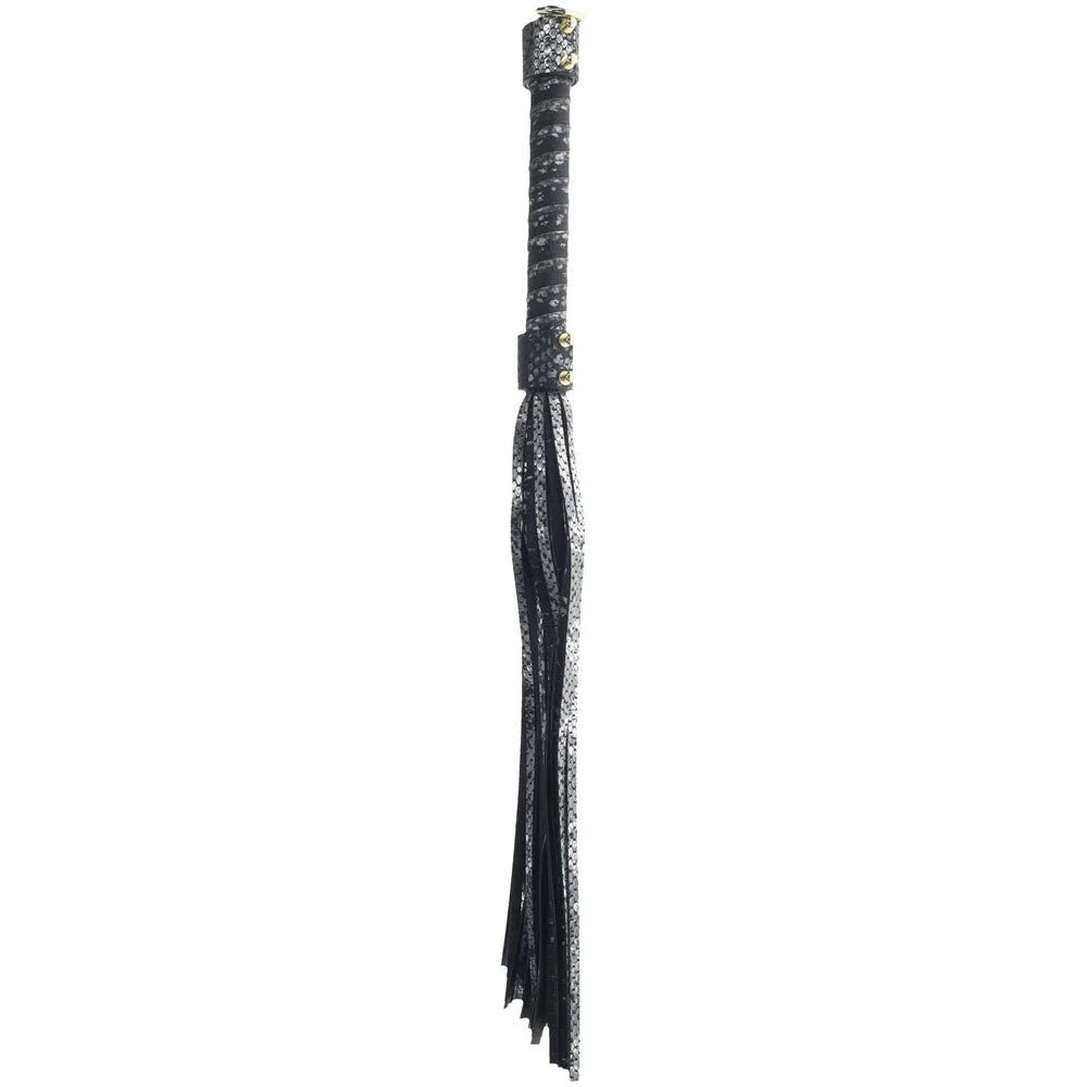 Black Ouch Florence Collection leather flogger with decorative handle on a white background