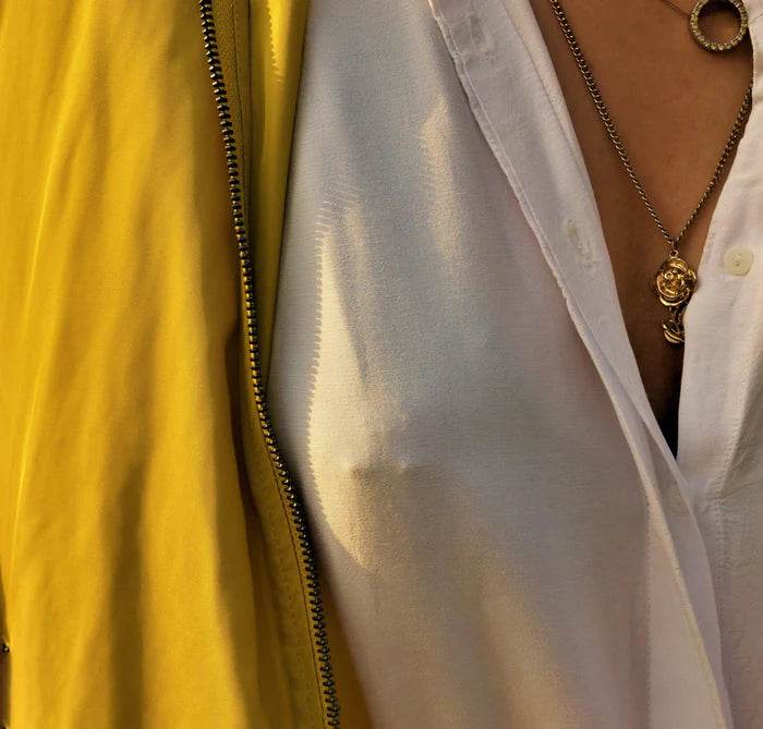 Close-up of a person wearing a yellow jacket and white shirt with a necklace with black cross pasties subtly showing through shirt in seductive manner.