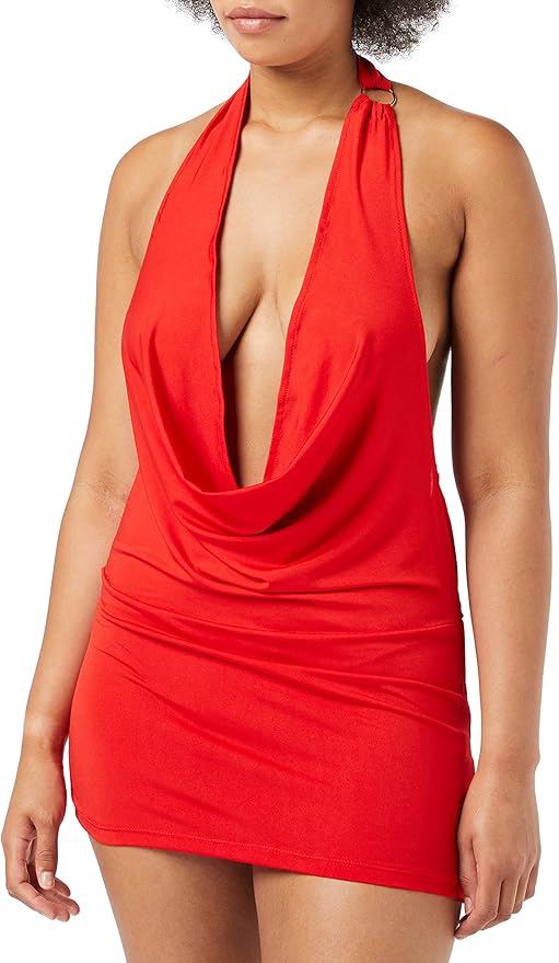Penthouse lingerie heart rob deep cowl neck minidress in red l/xl on a real model on a white background
