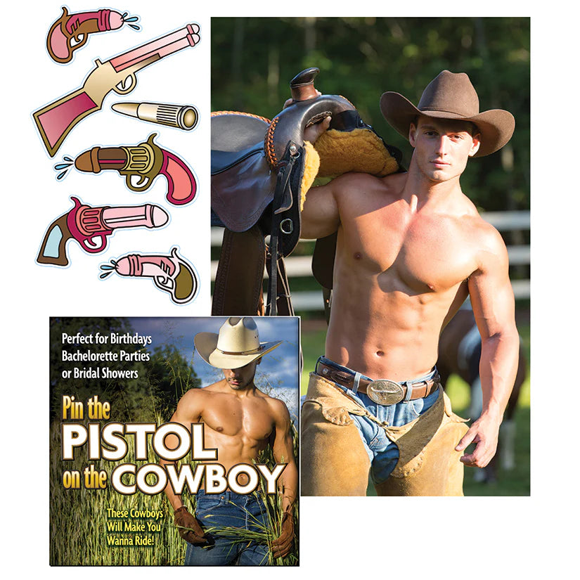 Collage of a cowboy-themed Pin the pistol on teh cowboy adult bachelorette party game by Little Genie, featuring a cowboy on horseback and shirtless cowboy with a saddle.