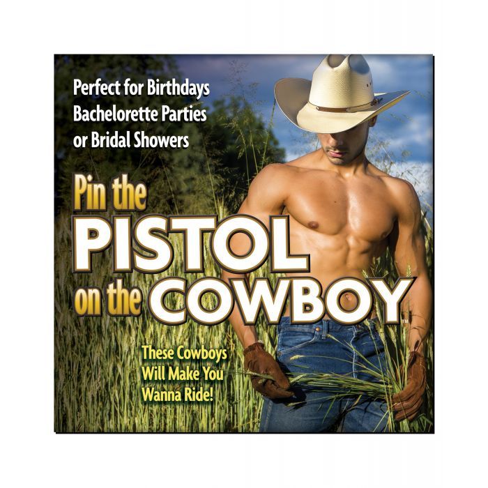 Promotional poster for 'Pin the Pistol on the Cowboy' game with a man in a cowboy hat and jeans.