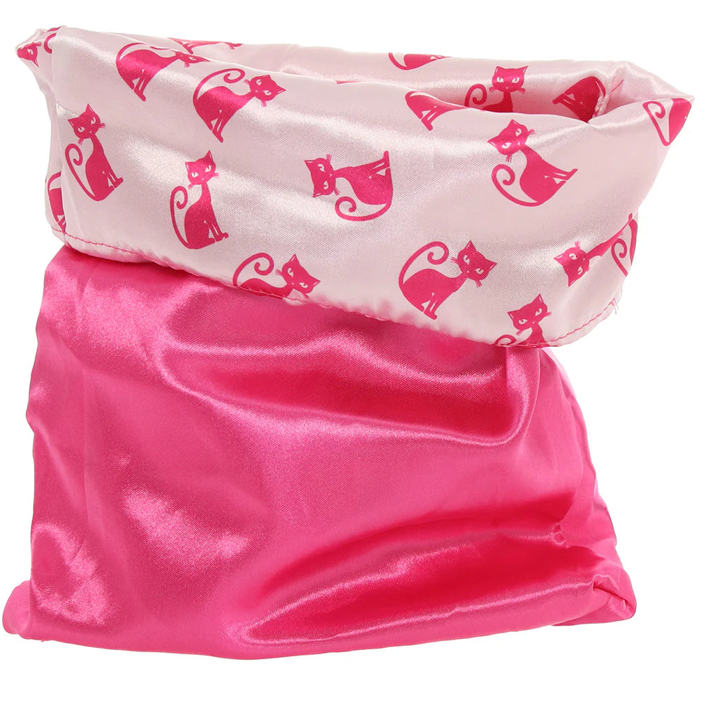 A pink satin storage bag with a matching top flap featuring a repeating pattern of dark pink cartoon cats on a light pink background, shown against a plain white background. Antibacterial Adult Toy Storage Bag - Pink Pussycat