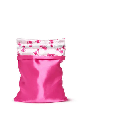 A bright pink satin pouch with a white patterned top flap featuring pink kitties, shown on a plain white background. Antibacterial Adult Toy Storage Bag - Pink Pussycat