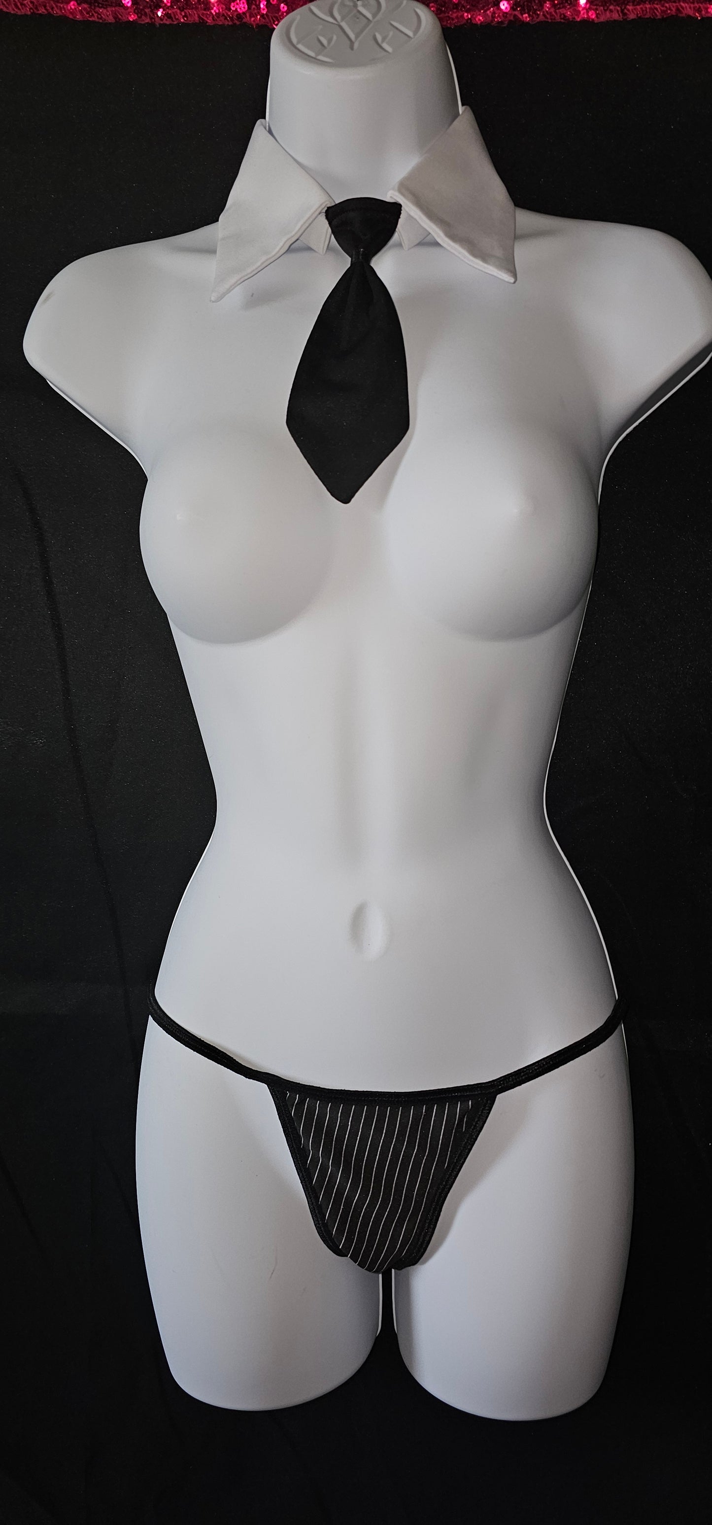 Rene Rofe Pinstripe Lingerie set Thong and Tie accessories