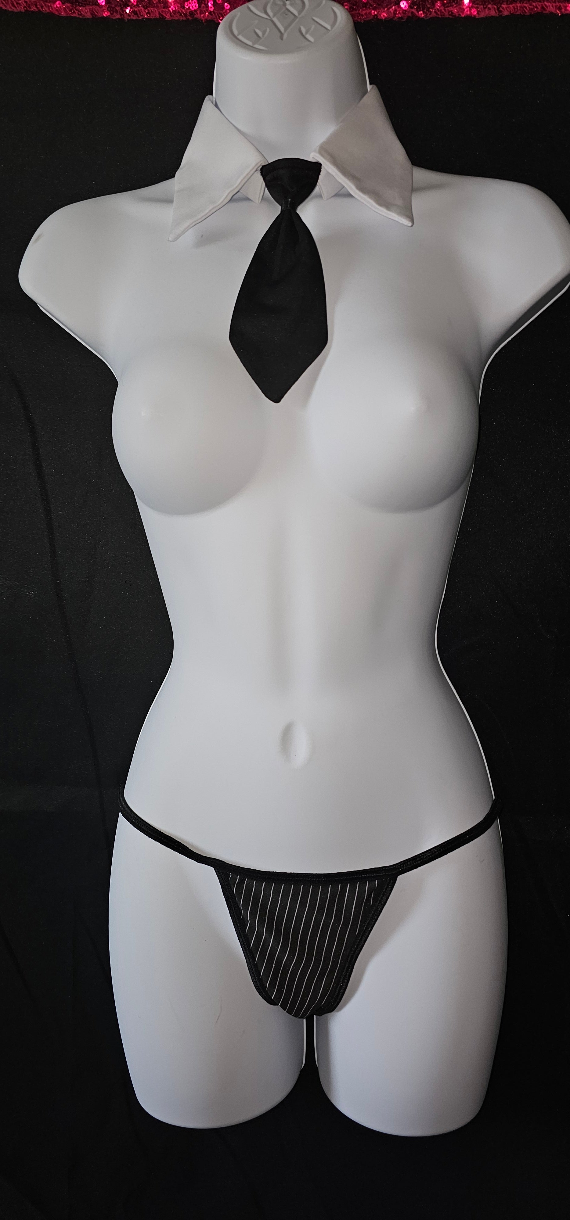 Rene Rofe Pinstripe Lingerie set Thong and Tie accessories