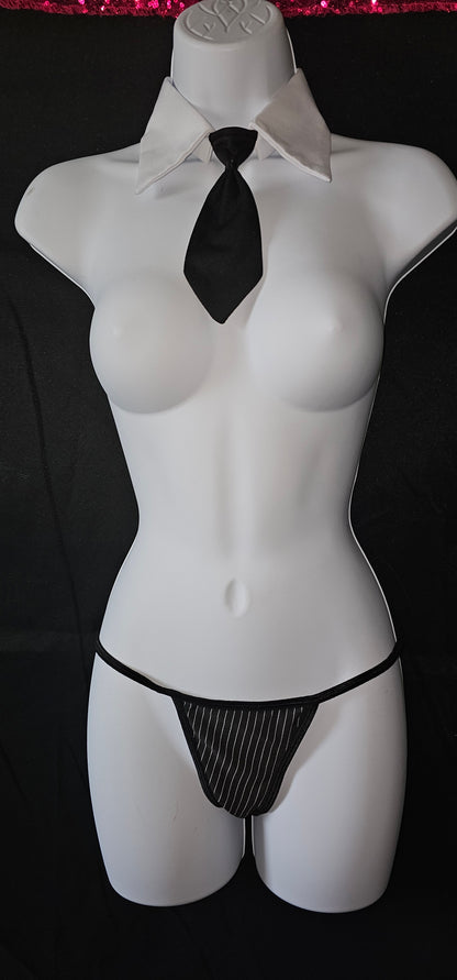 Rene Rofe Pinstripe Lingerie set Thong and Tie accessories