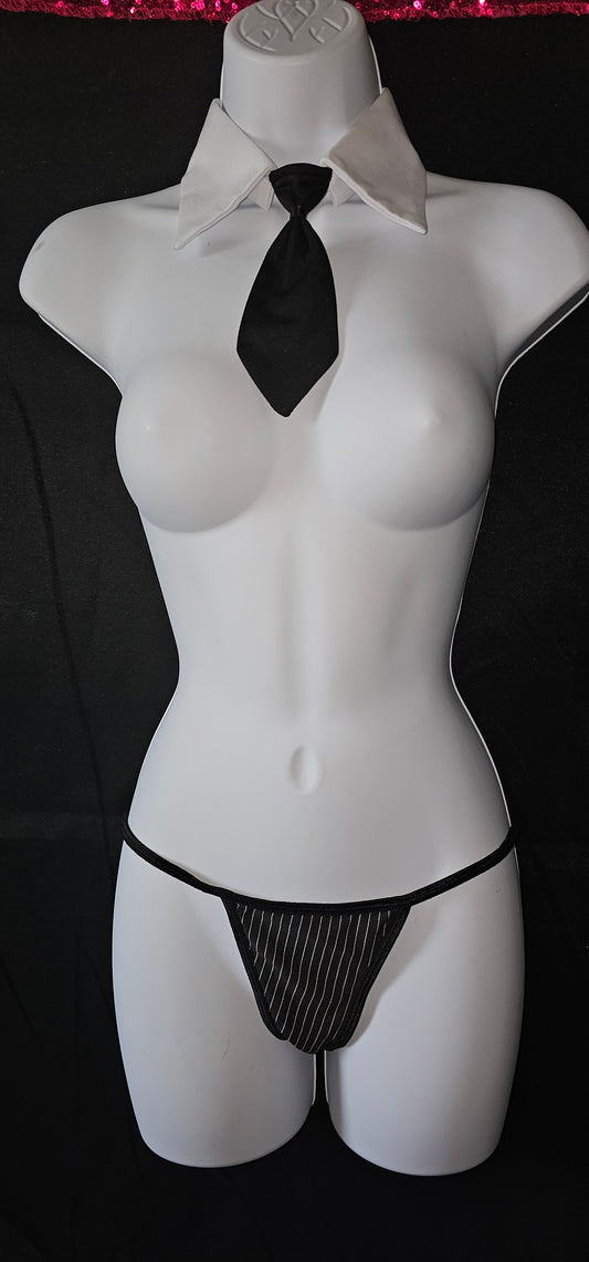 Rene Rofe Pinstripe Lingerie set Thong and Tie accessories