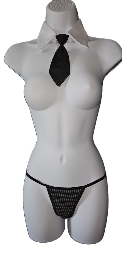 Black mesh thong underwear with a matching black necktie and white collared shirt displayed on a female mannequin torso. Dreamgirl 4-piece pinstripe lingerie set with chiffon camisole, attached necktie, and decorative buttons