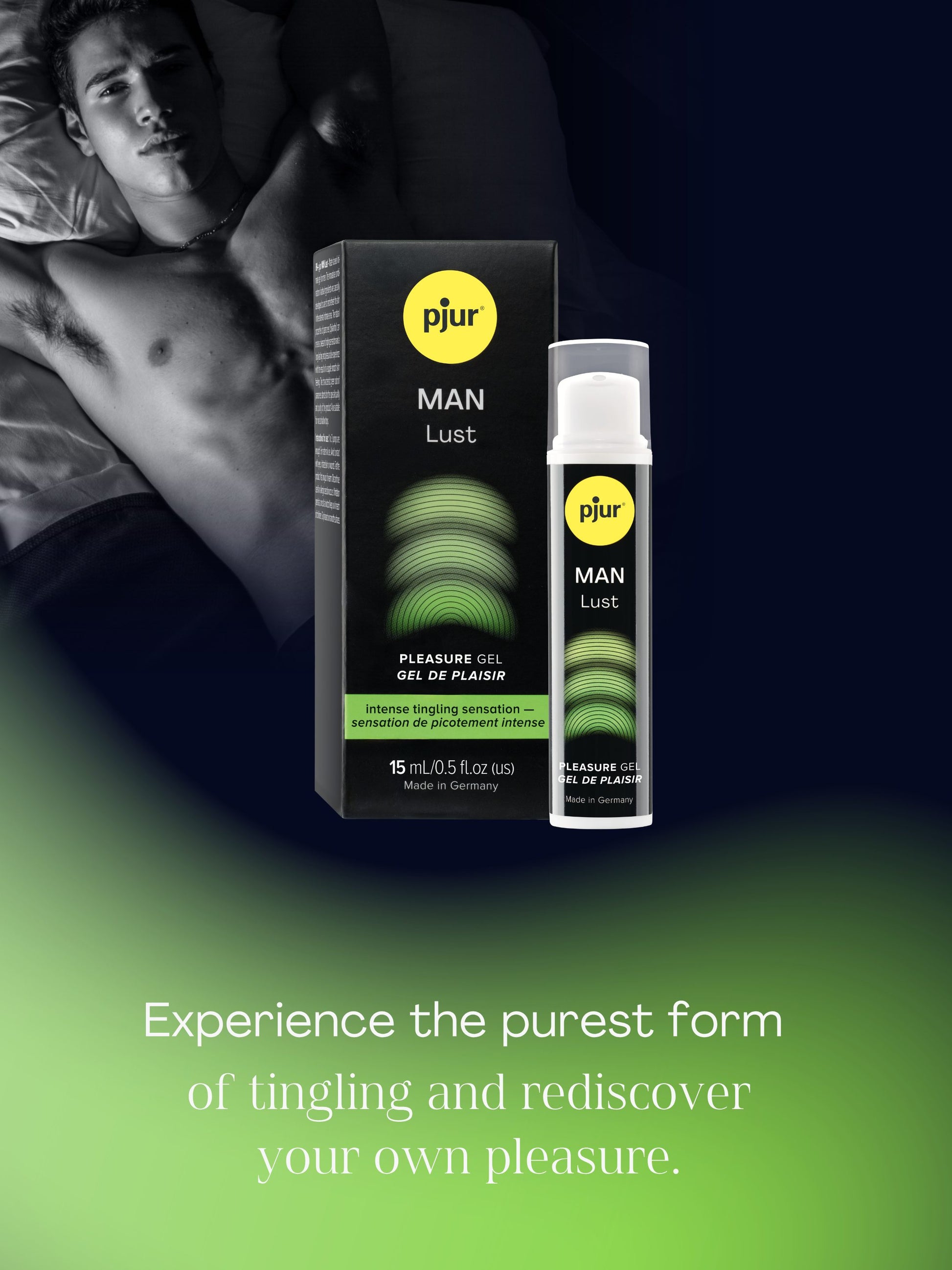 Pjur MAN Lust pleasure gel packaging with a man lying on a bed in the background.